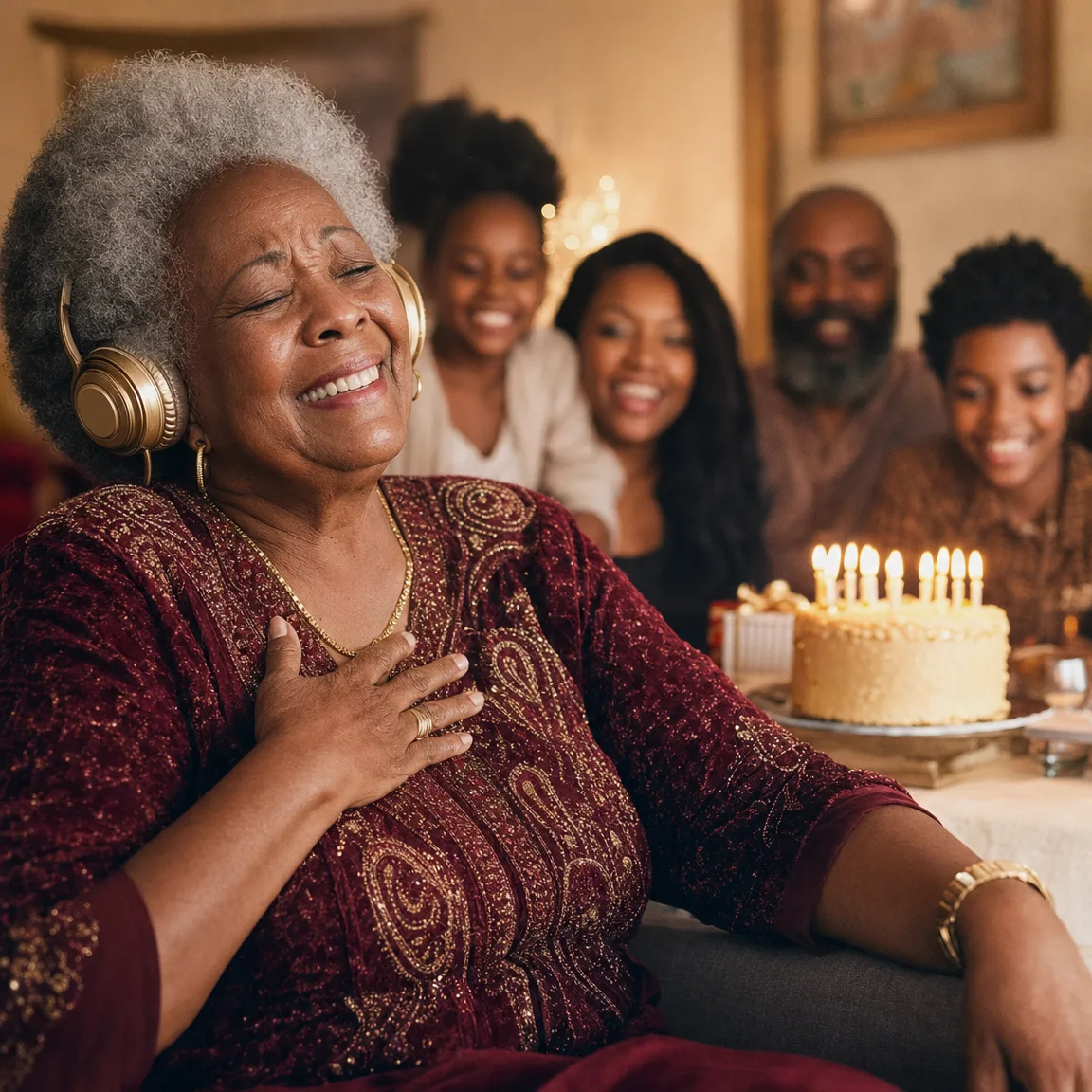 A grandmother in gold headphones, hand over her heart, hearing her song for the first time