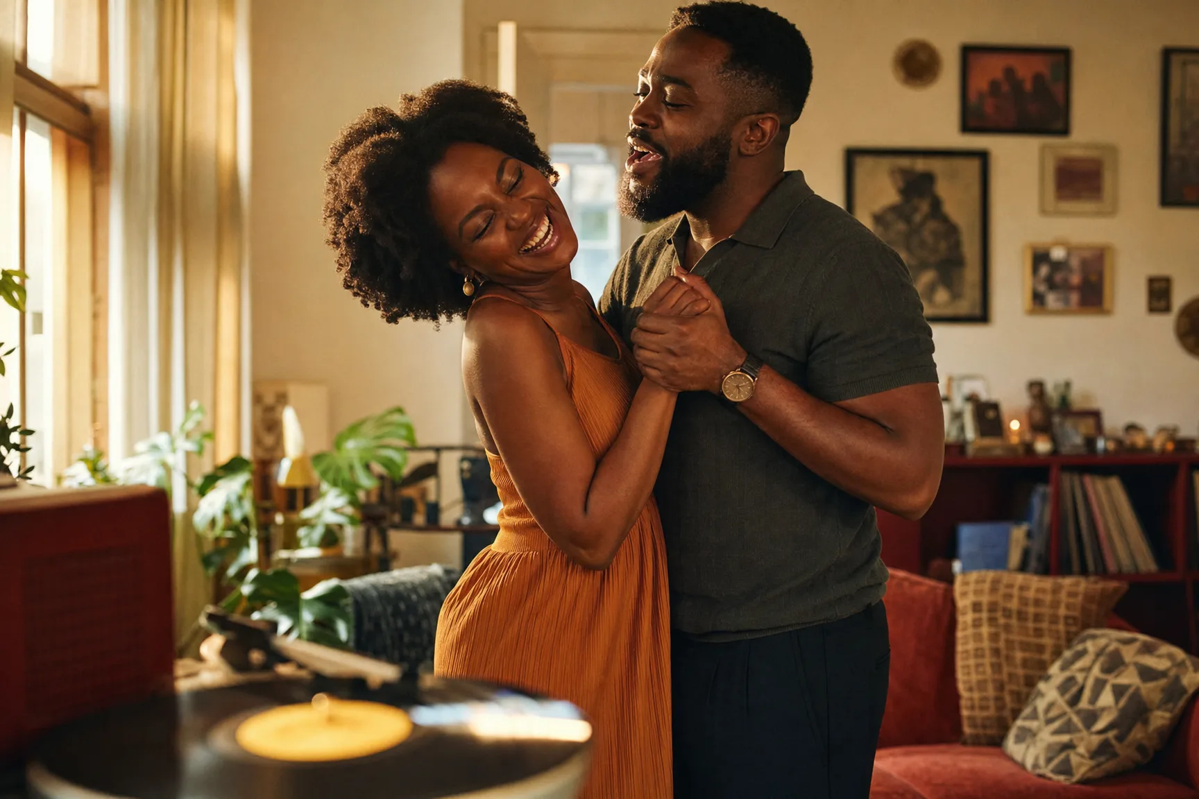 A couple slow-dancing by a record player, laughing