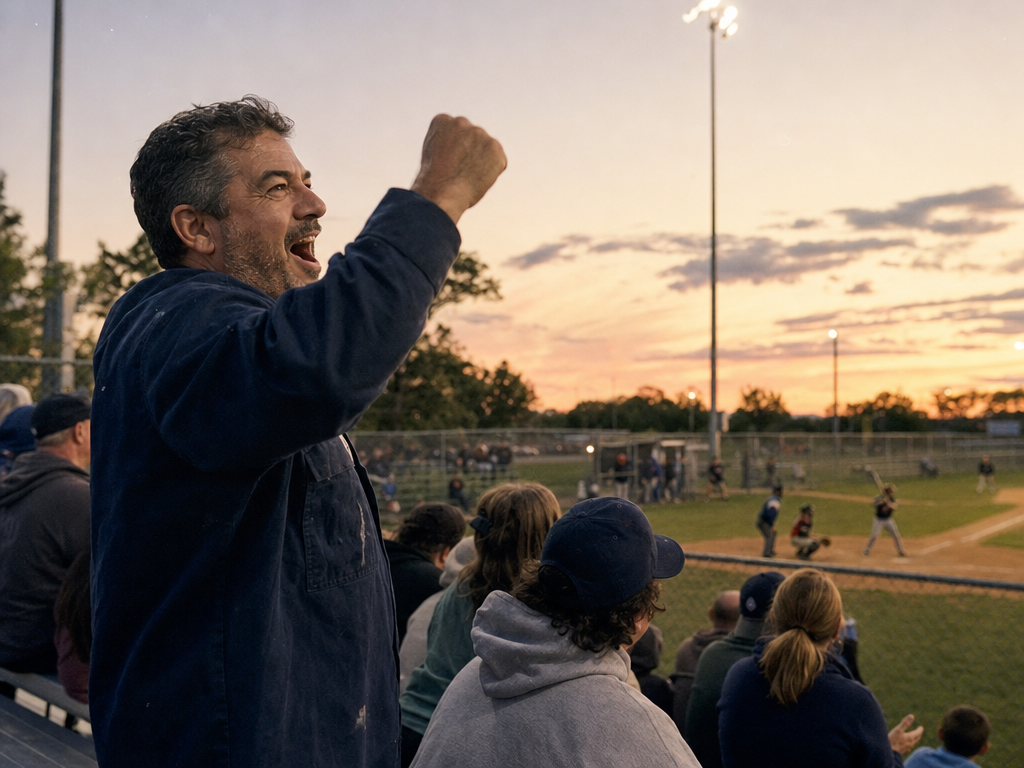 A dad in his work jacket cheering from the bleachers at his kid's baseball game, the story behind a sample custom Father's Day song