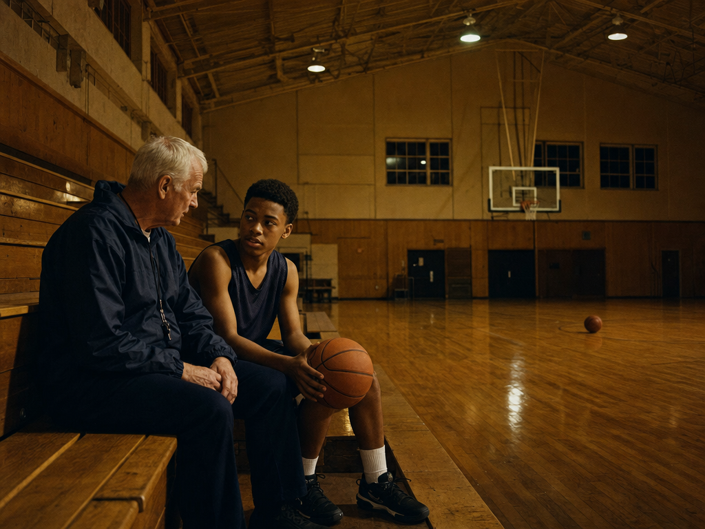 A longtime coach talking with a young player on the bleachers of an empty gym, the story behind a sample custom thank you song