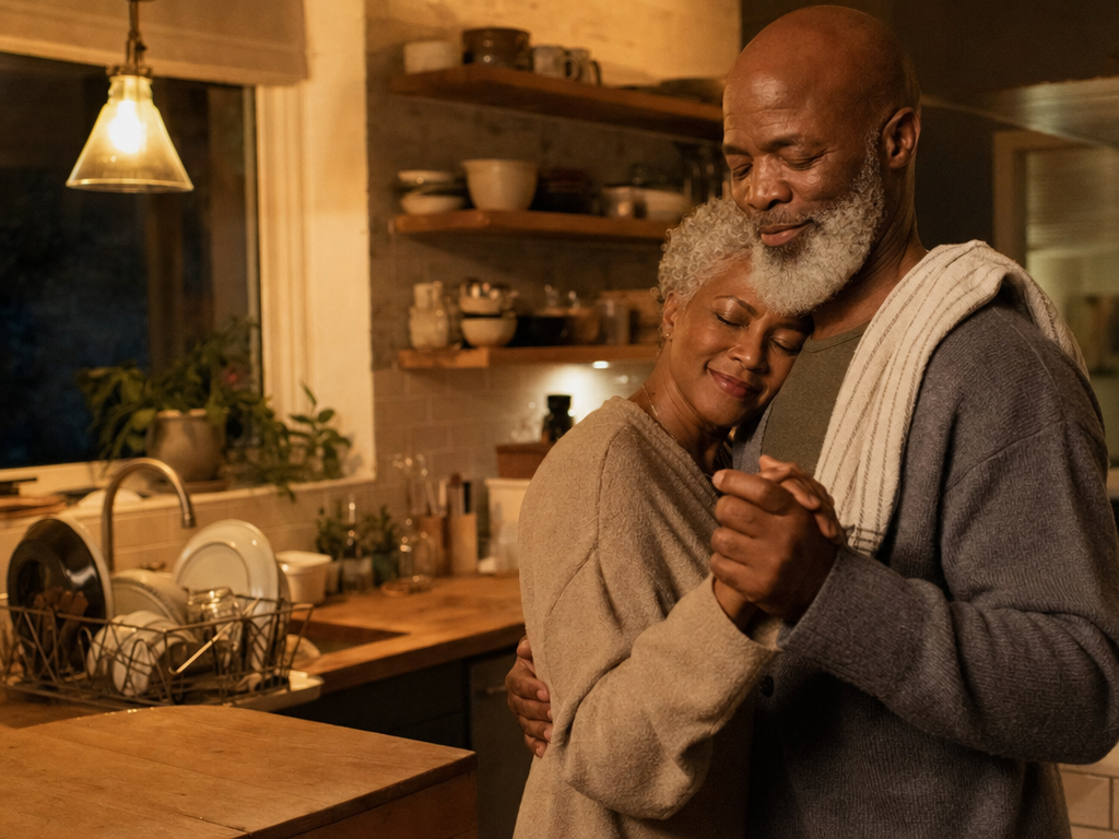 A couple slow dancing in their kitchen after the dishes are done, the story behind a sample custom anniversary song