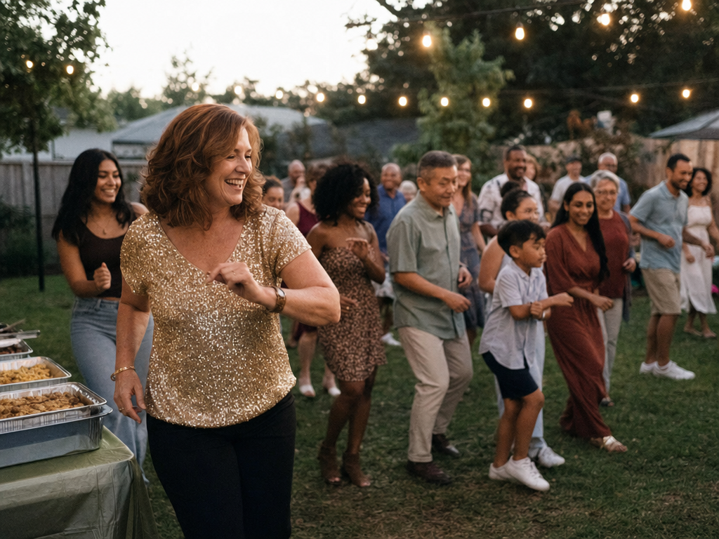A woman leading family and friends in a line dance at her 50th birthday party, the story behind a sample custom birthday song