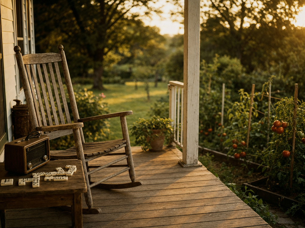 An empty rocking chair on a porch beside dominoes, a vintage radio and a tomato garden, the story behind a sample custom memorial song