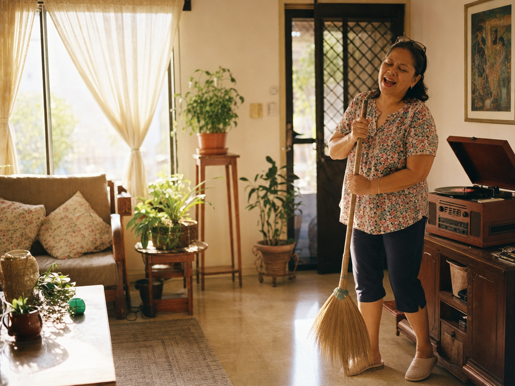 A mother singing along and sweeping to an old love song on the record player, the story behind a sample custom Mother's Day song
